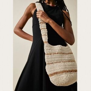 Free People Meet Me In Mallorca Crochet Beaded Crossbody Bag Cream Beige Tan